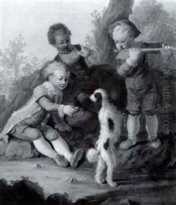 Three Children Playing With A Dog Three Children Playing With A Dog