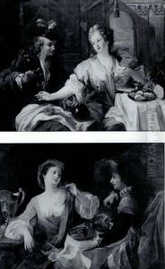 Young Couples Eating And Drinking In Elegant Interiors: A Pair Of Paintings by Francois Eisen