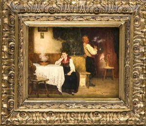 Sinnende Magd Am Stubentisch Wird Von Einem Jungen Mann, Der Sich Hinter Dem Ofen Versteckt, Belauscht by Richard Eisermann