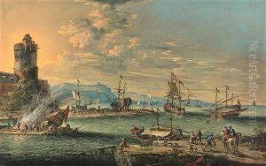 A Harbour With Figures On The Quayside In The Foreground by Johann Anton Eismann