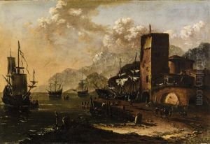 A Mediterranean Harbour With Ships by Johann Anton Eismann