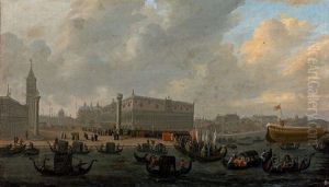 Vue Du Palais Des Doges Et De La Piazzetta Avec Un Cortege Se Rendant Sur Le Bucentaure by Johann Anton Eismann