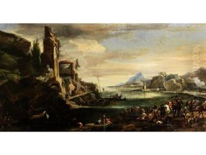 A Mediterranean Inlet With Stevedores Unloading Barges In The Foreground And Soldiers On Horseback On The Quayside by Johann Anton Eismann