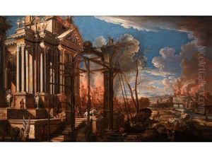 Monumentale Landschaft Mit Antikem Tempelgebaude, Flusslauf Und Brennenden Stadten by Johann Anton Eismann