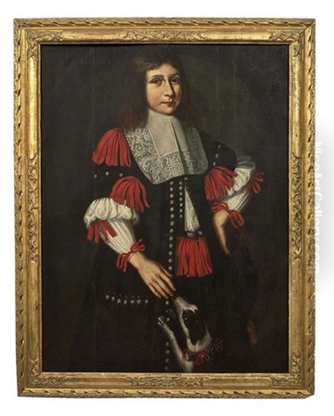 A Portrait Of A Young Man, Three-quarter Length, In A Black Costume With A Lace Ruff, Crimson Tied Ribbons And An Attendant Spaniel - view 1