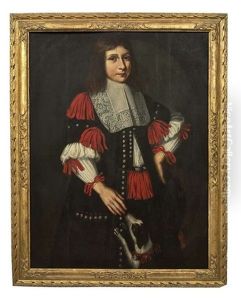 A Portrait Of A Young Man, Three-quarter Length, In A Black Costume With A Lace Ruff, Crimson Tied Ribbons And An Attendant Spaniel