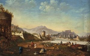 Blick Auf Die Stadt Salzburg Mit Festungswerken Von Schloss Mirabell Und Figuralen Staffageszenen Am Rechten Salzachufer by Johann Anton Eismann