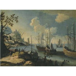 A Mediterranean Coastal Scene With Ships At Anchor And Figures On A Path To The Left by Johann Anton Eismann