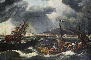 Shipping In Choppy Seas, A Mediterranean Port Beyond by Johann Anton Eismann
