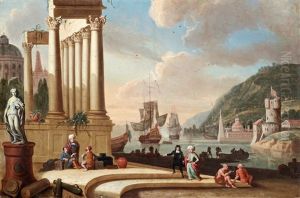 Orientalisk Hamnscen Med Handelsman by Johann Anton Eismann