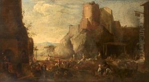 A Village Street With Figures Taking Goods To Market by Johann Anton Eismann