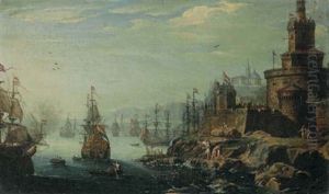 A Capriccio Of A Port With A Fortress And Figures In The Foreground by Johann Anton Eismann