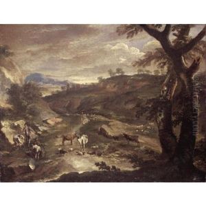 An Italianate Landscape With Drovers And Their Animals Beside A Road