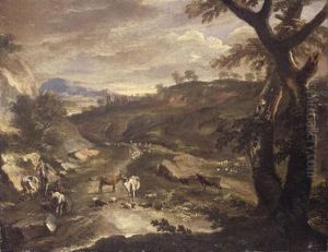 An Italianate Landscape With Drovers And Their Animals Beside A Road