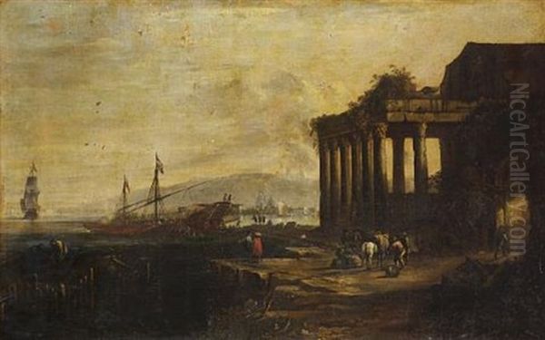A Mediterranean Harbour With Moored Shipping With Figures On A Quayside - view 1