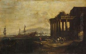A Mediterranean Harbour With Moored Shipping With Figures On A Quayside