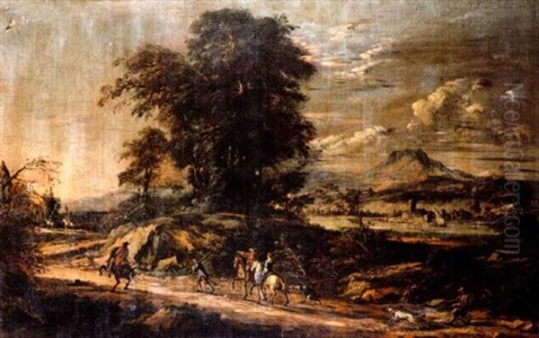 An Extensive Landscape With Travellers And Huntsmen On A Track, A Lake Beyond by Johann Anton Eismann
