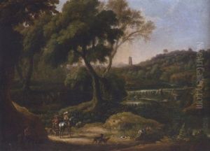 An Extensive Landscape With A Waterfall And Figures Shooting With Dogs And Horses An Extensive Landscape With A Waterfall And Figures Shooting With Dogs And Horses