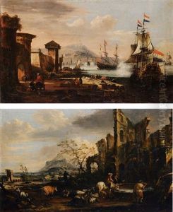 Veduta Marina Con Porto Fortificato E Galeoni All'approdo by Johann Anton Eismann