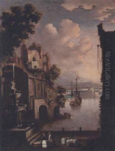 A Capriccio Harbour Scene With A Castle In The Distance by Johann Anton Eismann