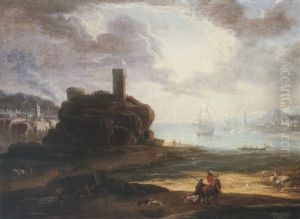 A Mediterranean Coastal Scene With A Watch-tower At Sunset by Johann Anton Eismann