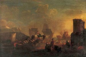 Merchants Trading In A Mediterranean Port With Sailing Vessels Beyond by Johann Anton Eismann