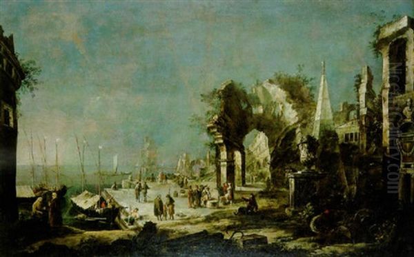 Marina Mediterranea Con Astanti Vari E Un Capriccio Di Rovine Classiche - view 1