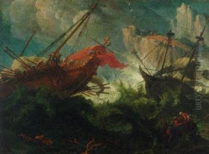 A Galley And A Man-o'-war In Stormy Seas Off A Rocky Coastline