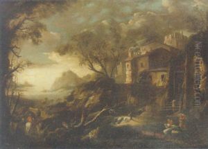 A Mediterranean Landscape With Workmen Near A Walled Village A Mediterranean Landscape With Workmen Near A Walled Village