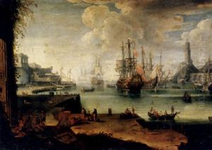An Extensive Harbour Scene With English Men-of-war Anchored Off Shore, Figures Conversing In The Foreground, A Ship Under Construction In A Dock Beyond