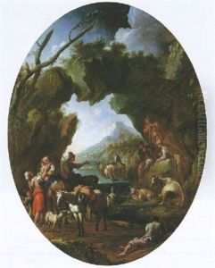 An Italianate Landscape With Peasants And Farm Animals By A Rock Arch by Johann Anton Eismann