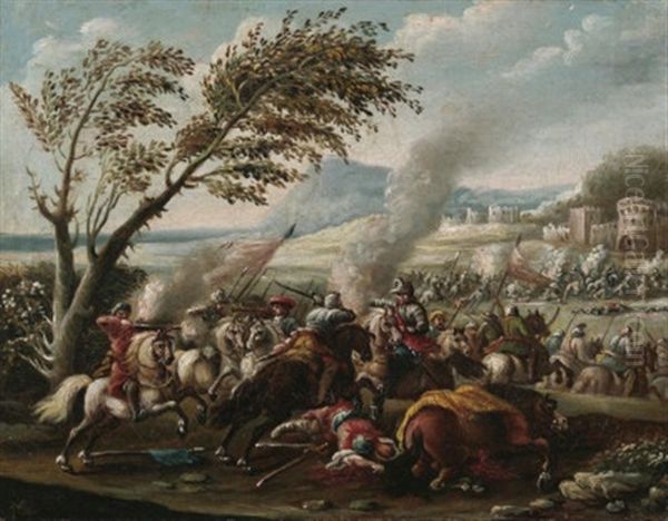 Schlachtenszene Zwischen Turken Und Osterreichern Vor Den Toren Einer Festungsstadt - view 1