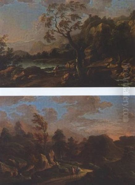 A Stormy River Landscape With Waterfalls And A Traveller On A Path - view 1