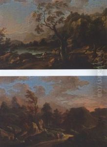 A Stormy River Landscape With Waterfalls And A Traveller On A Path by Carlo Eismann-Brisighella