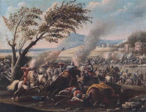 A Cavalry Battle Between Turks And Christians Before A Fortified Town - view 1