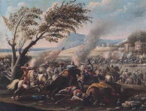A Cavalry Battle Between Turks And Christians Before A Fortified Town