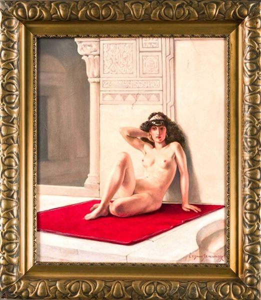 Unbekleidete Odaliske Mit Lockigem, Dunklen Haar Und Kopfschmuck, Im Hof Eines Orientailischen Palastes Sitzend - view 1