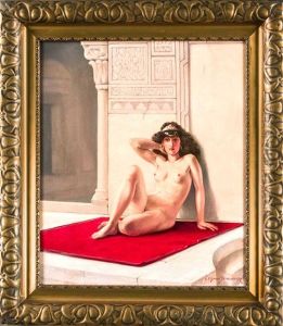 Unbekleidete Odaliske Mit Lockigem, Dunklen Haar Und Kopfschmuck, Im Hof Eines Orientailischen Palastes Sitzend