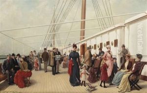Elegant Figures Strolling On The Upper Deck Of An Ocean Steamer