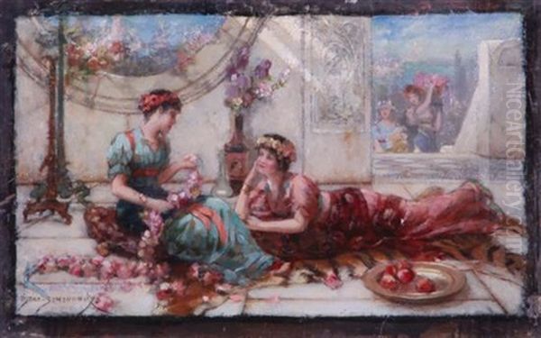 Classical Scenes: Take Heed Lest Thou Owe A Laughing Stock To The Winds & Maidens Stringing Roses (pair) - view 1