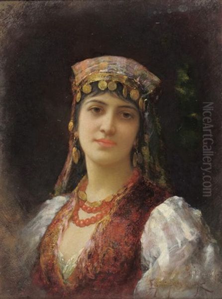 Portrait Of An Oriental Girl, Head And Shoulders, Wearing A Cream Dress And Waistcoat - view 1