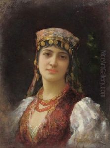 Portrait Of An Oriental Girl, Head And Shoulders, Wearing A Cream Dress And Waistcoat by Emile Eisman-Semenowsky