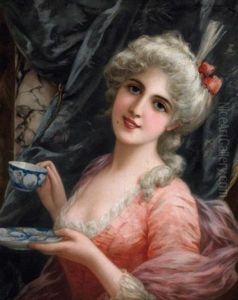 Portrat Einer Jungen Dame In Rokokokleid, Eine Tasse Tee Geniesend by Emile Eisman-Semenowsky