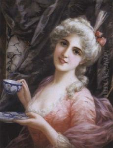 Jeune Femme En Costume Xviiieme Tenant Une Tasse A The by Emile Eisman-Semenowsky