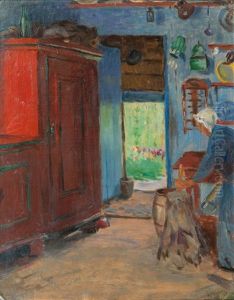 Bauernhaus In Der Probstei - Frau Beim Holzhacken by Ernst (Wilhelm Heinrich E. ) Eitner