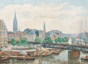 Hamburg, View On The Metro With The Churches St. Nicolai And St. Katharinen by Ernst (Wilhelm Heinrich E. ) Eitner