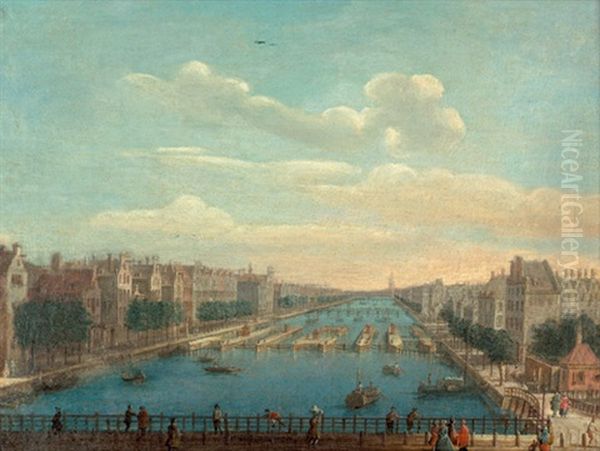 Ansicht Von Amsterdam: Blick Auf Eine Schleuse In Der Amstel, Mit Der Blauen Brucke Und Dem Waisenhaus - view 1