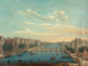 Ansicht Von Amsterdam: Blick Auf Eine Schleuse In Der Amstel, Mit Der Blauen Brucke Und Dem Waisenhaus by Jan Ekels the Elder