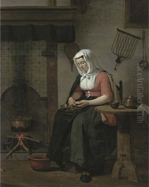 A Woman Seated In A Kitchen Peeling Apples - view 1