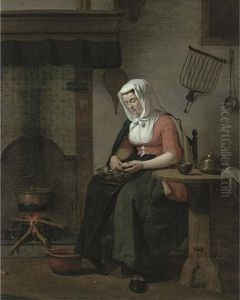 A Woman Seated In A Kitchen Peeling Apples by Jan Ekels the Younger